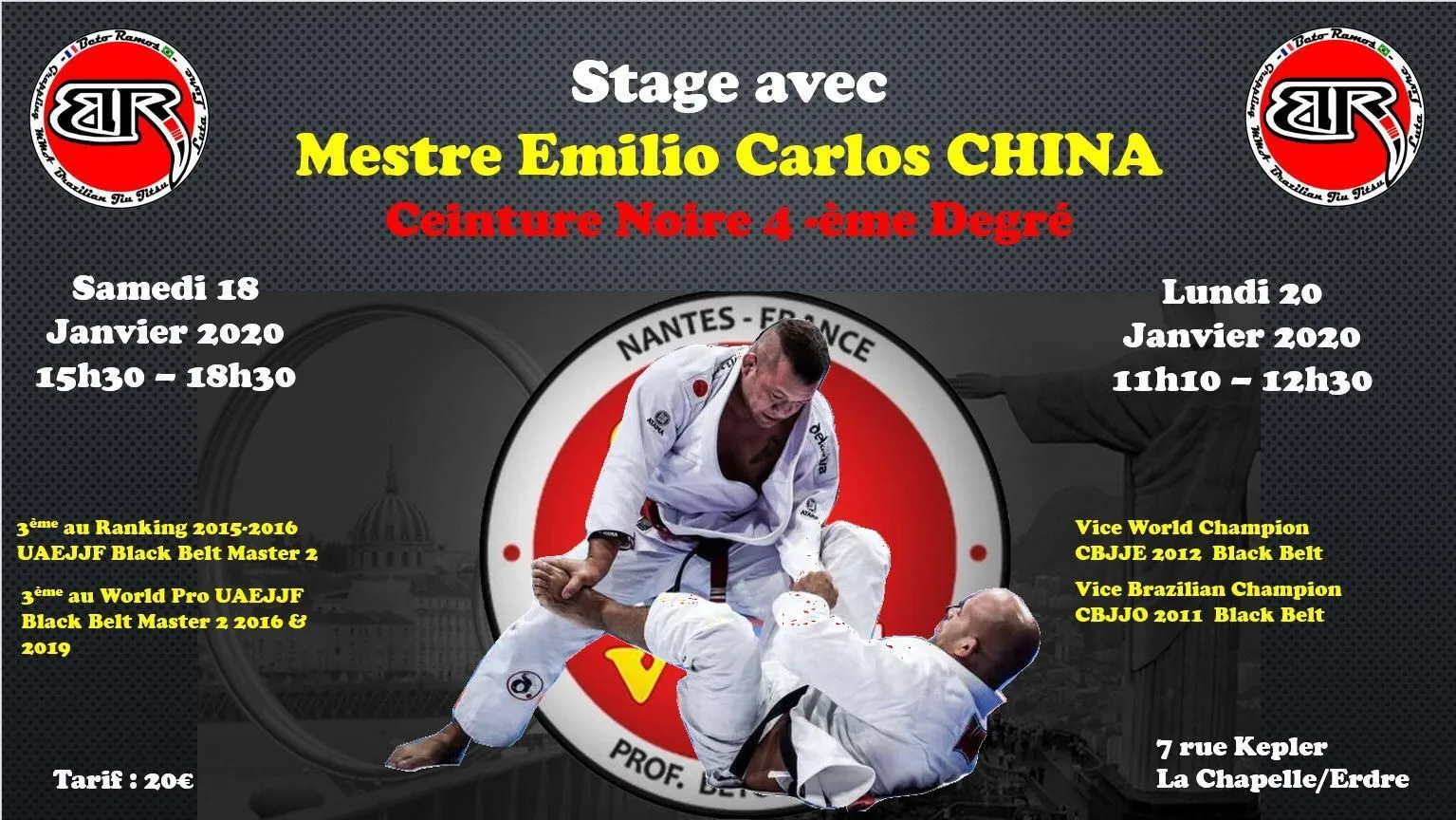 Affiche : stage avec Mestre Emilio Carlos China, ceinture noire 4e degré, janvier 2020