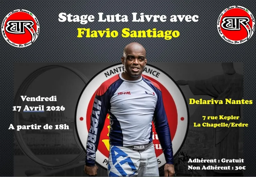 Affiche : stage de luta livre avec Flavio Santiago, avril 2026, Delariva Nantes