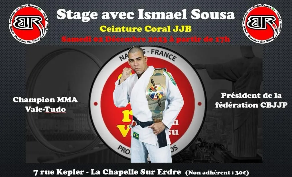 Affiche : stage avec Ismael Sousa, ceinture corail de JJB, décembre 2023