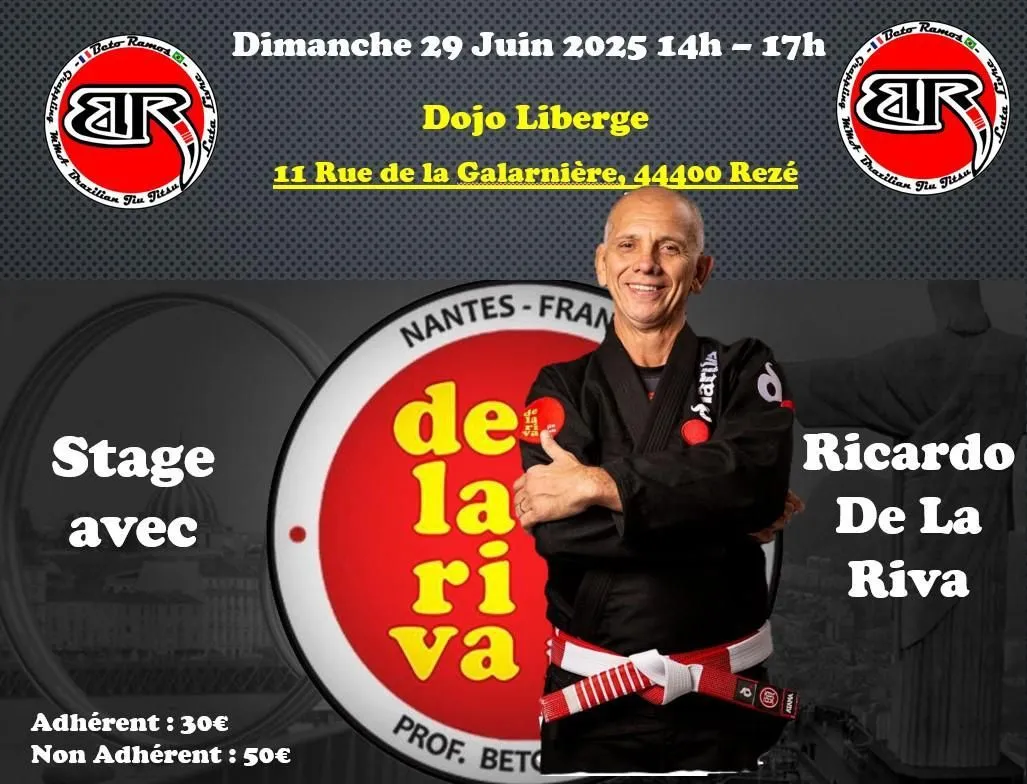 Affiche : stage avec Mestre Ricardo De La Riva, dimanche 29 juin 2025, 14h-17h, dojo Liberge à Rezé